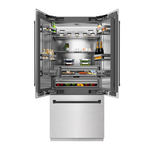 ZLINE Autograph 36" 19.6 cu. ft. French Door Built-In Bottom Freezer Refrigerator with Water Dispenser and Ice Maker in Satin Stainless Steel with Stainless Steel Interior and Matte Black Accents, SRBIVZ-SN-36-MB