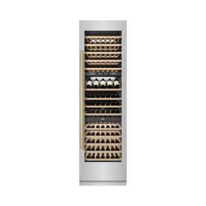 ZLINE Autograph 24" 12.4 cu. ft. Triple Zone 100 Bottle Column Wine Cooler in Stainless Steel and Polished Gold Accents, RCWVZ-304-24-G