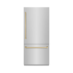 ZLINE Autograph 36" 19.8 cu. ft. Built-In Bottom Freezer Refrigerator with Water Dispenser and Ice Maker in Stainless Steel with Champagne Bronze Accents, RBITZ-304-36CB