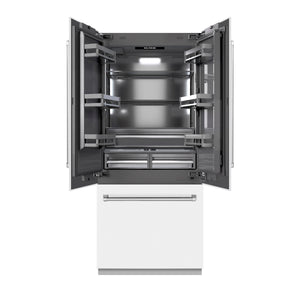 ZLINE 36" 19.6 cu. ft. French Door Built-In Bottom Freezer Refrigerator with Water Dispenser and Ice Maker in White Matte with Graphite Gray Interior, GRBIV-WM-36
