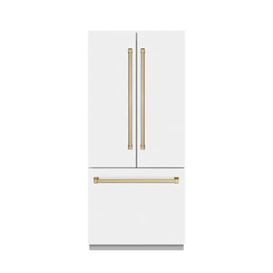 ZLINE Autograph 36" 19.6 cu. ft. French Door Built-In Bottom Freezer Refrigerator with Water Dispenser and Ice Maker in White Matte with Graphite Gray Interior and Champagne Bronze Accents, GRBIVZ-WM-36-CB