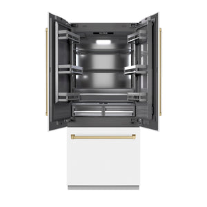 ZLINE Autograph 36" 19.6 cu. ft. French Door Built-In Bottom Freezer Refrigerator with Water Dispenser and Ice Maker in White Matte with Graphite Gray Interior and Champagne Bronze Accents, GRBIVZ-WM-36-CB