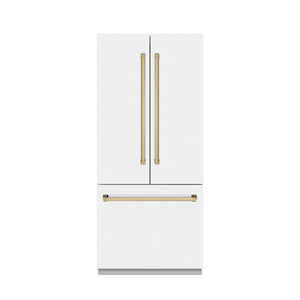 ZLINE Autograph 36" 19.6 cu. ft. French Door Built-In Bottom Freezer Refrigerator with Water Dispenser and Ice Maker in White Matte with Graphite Gray Interior and Polished Gold Accents, GRBIVZ-WM-36-G
