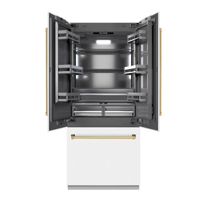 ZLINE Autograph 36" 19.6 cu. ft. French Door Built-In Bottom Freezer Refrigerator with Water Dispenser and Ice Maker in White Matte with Graphite Gray Interior and Polished Gold Accents, GRBIVZ-WM-36-G
