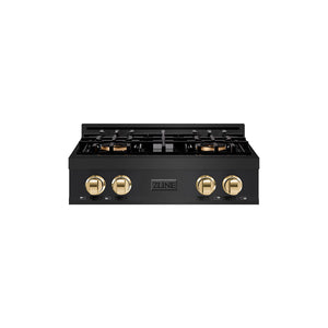ZLINE Autograph 30" Classic Gas Rangetop with 4 Burner DuoPro™ Cooktop in Black Stainless Steel and Polished Gold Accents, PCRTBZ-30-G