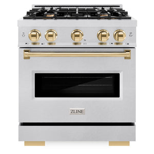 ZLINE Autograph 30" 4.2 cu. ft. Classic Dual Fuel Range with 4 Burner Gas Cooktop and Electric Convection Oven in Satin Stainless Steel with Polished Gold Accents, CDRSZ-30-G