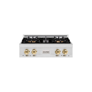 ZLINE Autograph Edition 30" Classic Gas Rangetop with 4 Burner DuoPro™ Cooktop in Satin Stainless Steel and Polished Gold Accents, PCRTSZ-30-G