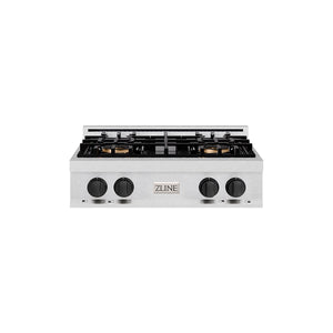 ZLINE Autograph Edition 30" Classic Gas Rangetop with 4 Burner DuoPro™ Cooktop in Satin Stainless Steel and Matte Black Accents, PCRTSZ-30-MB