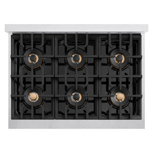 ZLINE Autograph 36" Classic Gas Rangetop with 6 Burner DuoPro™ Cooktop in Satin Stainless Steel and Polished Gold Accents, PCRTSZ-36-G