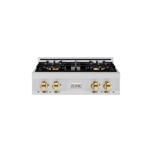 ZLINE Autograph Edition 30" Classic Gas Rangetop with 4 Burner DuoPro™ Cooktop in Stainless Steel and Polished Gold Accents, PCRTZ-30-G