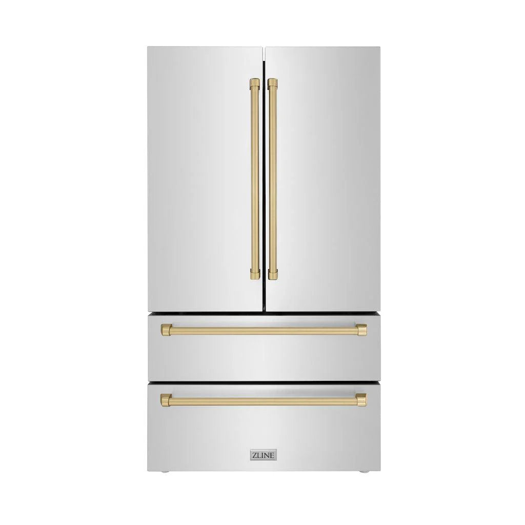 ZLINE 36 Autograph Edition 22.5 Cu. ft Freestanding French Door Refrigerator with Ice Maker in Fingerprint Resistant Stainless Steel with Champagne