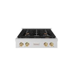 ZLINE 30" Autograph Paramount Gas Rangetop with 4 Burners and Porcelain Cooktop in Satin Stainless Steel with Champagne Bronze Accents, SRTSZ-30-CB