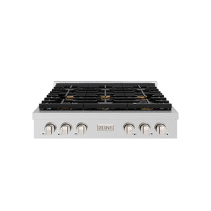 ZLINE Paramount 36" Gas Rangetop with 6 Brass Burners and Porcelain Cooktop in Stainless Steel, SRT-BR-36