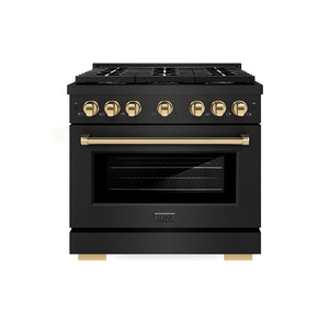 ZLINE Autograph 36" 5.2 cu. ft. Paramount Dual Fuel Range with 6 Burner DuoPro™ Cooktop and Electric Convection Oven in Black Stainless Steel and Polished Gold Accents, PSDRBZ-36-G