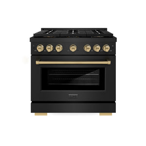 ZLINE Autograph 36" 5.2 cu. ft. Paramount Gas Range with 6 Burner DuoPro™ Cooktop and Convection Gas Oven in Black Stainless Steel and Champagne Bronze Accents, PSGRBZ-36-CB