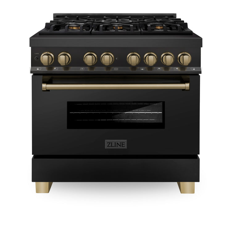 ZLINE Kitchen and Bath Autograph 36 in. Gas Burner/Electric Oven Range in Black Stainless Steel with Champagne Bronze Accents, RABZ-36-CB