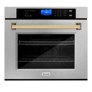 ZLINE 30" Autograph Professional True Convection Single Wall Oven with Air Fry and Self Clean in Satin Stainless Steel with Polished Gold Handle, WASSZ-30-G