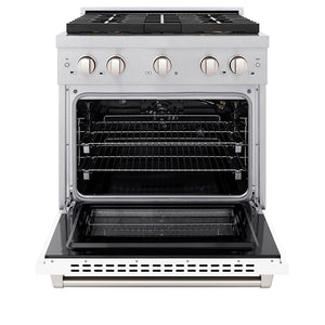 ZLINE 30" 4.2 cu. ft. Paramount Gas Range with 4 Burner DuoPro™ Cooktop and Convection Gas Oven in Satin Stainless Steel with White Matte Door, PSGRS-WM-30