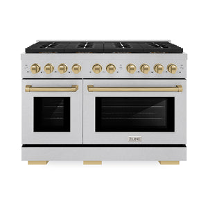ZLINE Autograph Edition 48" 6.7 cu. ft. Paramount Gas Range with 8 Burner DuoPro™ Cooktop and Dual Ovens in Satin Stainless Steel and Champagne Bronze Accents, PSGRSZ-48-CB