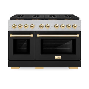 ZLINE Autograph Edition 48" 6.7 cu. ft. Paramount Gas Range with 8 Burner DuoPro™ Cooktop and Dual Ovens in Satin Stainless Steel with Black Matte Doors and Polished Gold Accents, PSGRSZ-BLM48-G