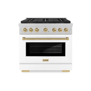 ZLINE Autograph Edition 36" 5.2 cu. ft. Paramount Gas Range with 6 Burner DuoPro™ Cooktop and Convection Gas Oven in Satin Stainless Steel with White Matte Door and Champagne Bronze Accents, PSGRSZ-WM-36-CB