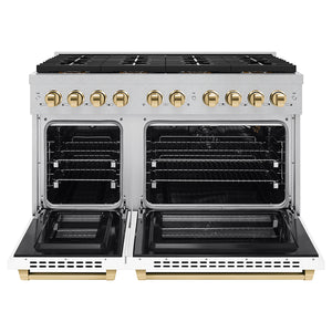 ZLINE Autograph Edition 48" 6.7 cu. ft. Paramount Gas Range with 8 Burner DuoPro™ Cooktop and Dual Ovens in Satin Stainless Steel with White Matte Doors and Polished Gold Accents, PSGRSZ-WM-48-G
