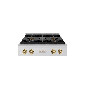 ZLINE Autograph Edition 30" Paramount Gas Rangetop with 4 Burner DuoPro™ Cooktop in Satin Stainless Steel and Polished Gold Accents, PSRTSZ-30-G