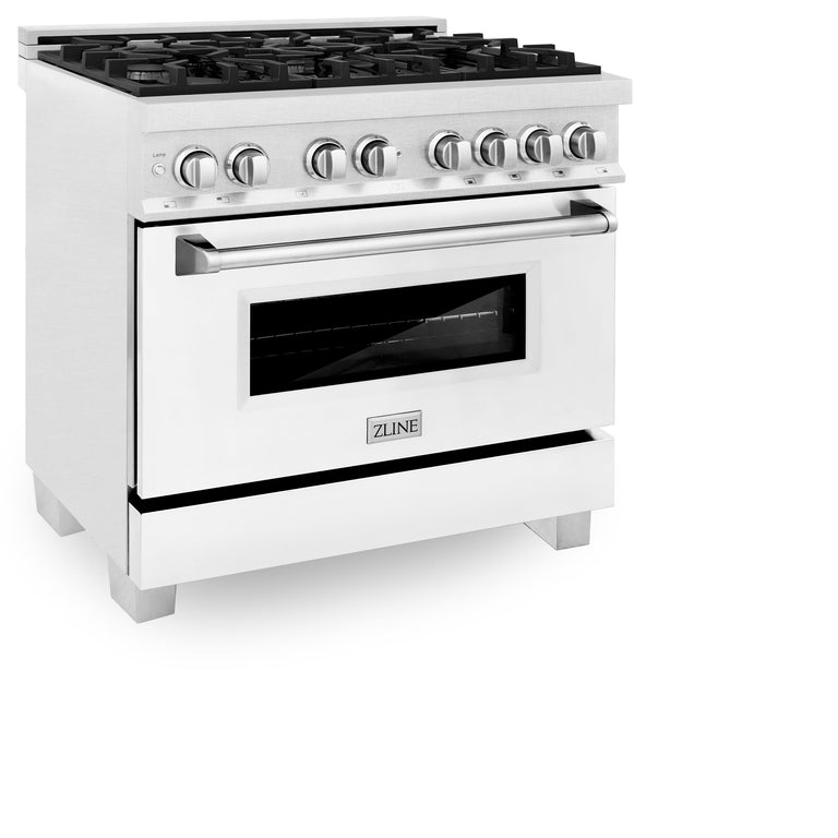 ZLINE Kitchen and Bath 36 in. Professional Gas Burner/Electric Oven in DuraSnow® Stainless with White Matte Door, RAS-WM-36