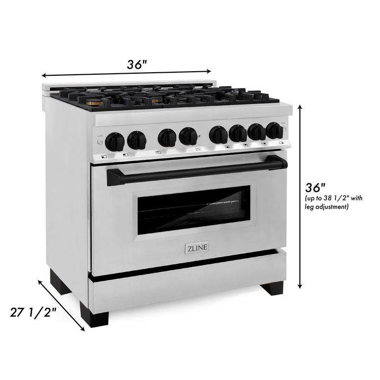 ZLINE Autograph Edition 36 in. 4.6 cu. ft. Dual Fuel Range with Gas Stove and Electric Oven in Stainless Steel with Matte Black Accents, RAZ-36-MB