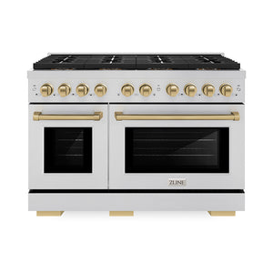 ZLINE Autograph 48" 6.7 cu. ft. Paramount Dual Fuel Range with 8 Burner DuoPro™ Cooktop and Dual Ovens in Stainless Steel and Champagne Bronze Accents, PSDRZ-48-CB