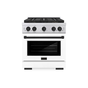 ZLINE Autograph Edition 30" 4.2 cu. ft. Paramount Gas Range with 4 Burner DuoPro™ Cooktop and Convection Gas Oven in Stainless Steel with White Matte Door and Matte Black Accents, PSGRZ-WM-30-MB