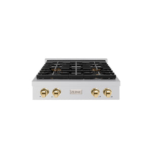 ZLINE Autograph Edition 30" Paramount Gas Rangetop with 4 Burner DuoPro™ Cooktop in Stainless Steel and Polished Gold Accents, PSRTZ-30-G
