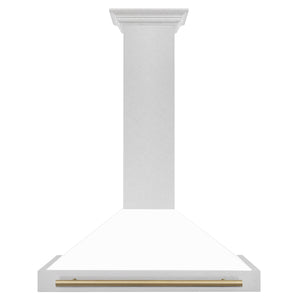 ZLINE Autograph 36" Convertible Satin Stainless Steel Wall Mount Range Hood with White Matte Shell and Champagne Bronze Handle, KB4SNZ-WM36-CB