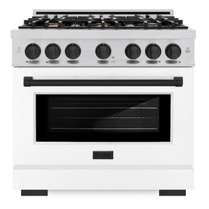 ZLINE Autograph 36" 5.2 cu. ft. Select Gas Range with 6 Burners in Stainless Steel with White Matte Door and Matte Black Accents, HGRZ-WM-36-MB
