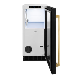 ZLINE Autograph 15" Touchstone Clear Cube Ice Maker with Drain Pump and Black Matte Door with Polished Gold Handle, ICCDZ-BLM-15-G