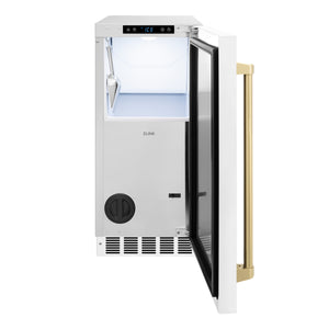 ZLINE Autograph 15" Touchstone Clear Cube Ice Maker with Drain Pump and White Matte Door with Champagne Bronze Handle, ICCDZ-WM-15-CB