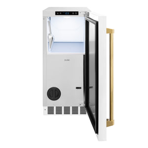 ZLINE Autograph 15" Touchstone Clear Cube Ice Maker with Drain Pump and White Matte Door with Polished Gold Handle, ICCDZ-WM-15-G