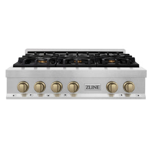 ZLINE Autograph 36" Legacy Gas Rangetop with 6 Burners and Porcelain Cooktop in Satin Stainless Steel with Champagne Bronze Accents, RTSZ-36-CB
