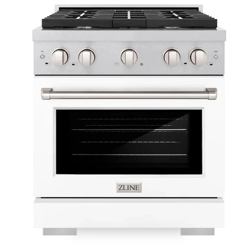 Front view of the ZLINE 30-inch 4.2 cu. ft. 4 burner gas range with convection oven in DuraSnow stainless steel and white matte door