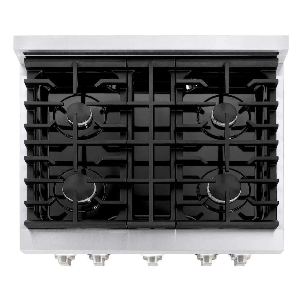 Top-down view of the ZLINE 30-inch 4.2 cu. ft. 4 burner gas range with convection oven in DuraSnow stainless steel and white matte door