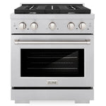 Front view of a ZLINE 30-inch gas range with four burners and a convection oven, featuring stainless steel finish and control knobs