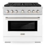 Front view of the ZLINE 36-inch 5.2 cu. ft. 6 burner gas range with convection oven in DuraSnow stainless steel and white matte door.