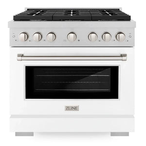 Front view of the ZLINE 36-inch 5.2 cu. ft. 6 burner gas range with convection oven in DuraSnow stainless steel and white matte door.