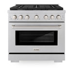 Front view of the ZLINE gas range with the oven door closed, showing the control knobs and DuraSnow stainless steel finish