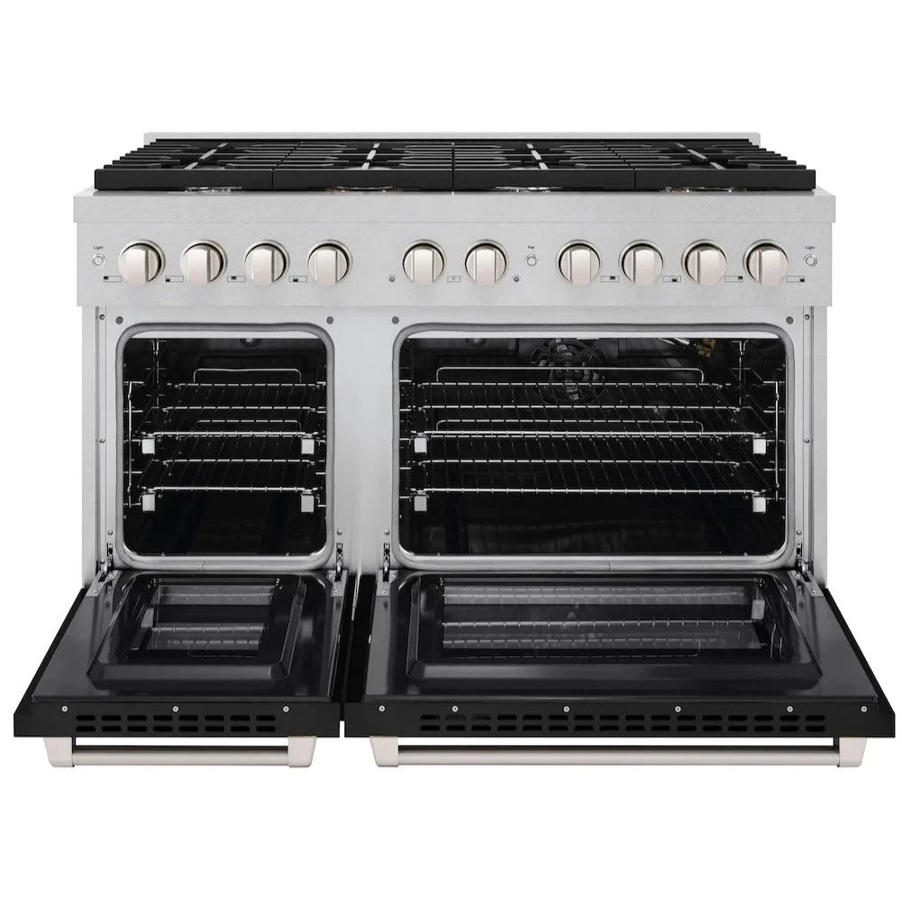 Front view of the ZLINE 48-inch 8-burner double oven gas range with DuraSnow stainless steel and black matte doors, showing both oven doors open and the interior racks.