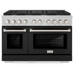 Front view of the ZLINE 48-inch 8-burner double oven gas range with DuraSnow stainless steel and black matte doors, showing the closed oven doors and control knobs.