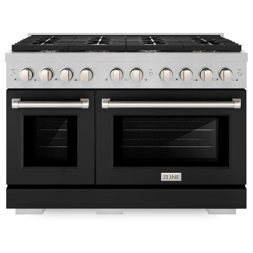 Front view of the ZLINE 48-inch 8-burner double oven gas range with DuraSnow stainless steel and black matte doors, showing the closed oven doors and control knobs.