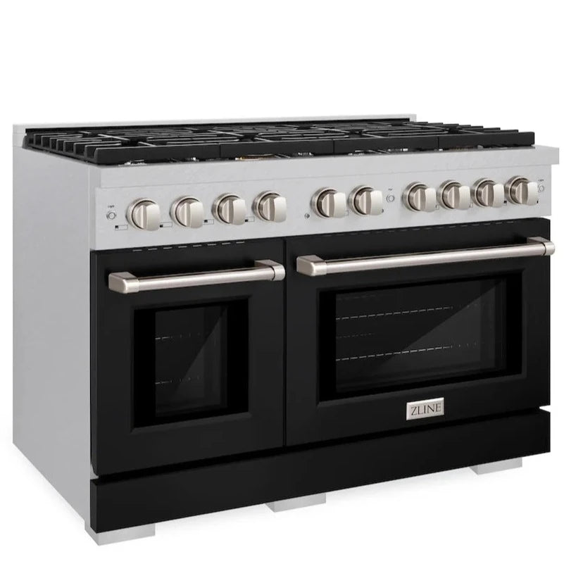 Angled front view of the ZLINE 48-inch 8-burner double oven gas range with DuraSnow stainless steel and black matte doors, showcasing the control knobs and oven doors.