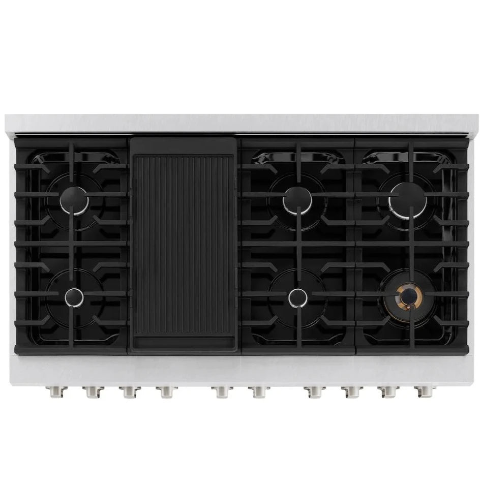 Top-down view of the ZLINE 48-inch 8-burner double oven gas range with DuraSnow stainless steel and black matte doors, showing the layout of the burners, griddle, and control knobs.