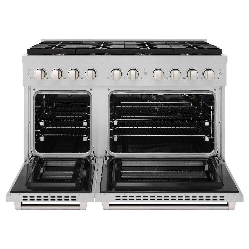 The ZLINE 48-inch double oven gas range with both oven doors open.